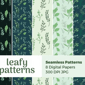 Puede incluir: Ocho patrones de papel digital sin costuras que presentan varios diseños de hojas en tonos de verde. Los patrones son perfectos para manualidades, scrapbooking y proyectos de diseño digital.  Patrones sin costuras 8 papeles digitales 300 DPI JPG