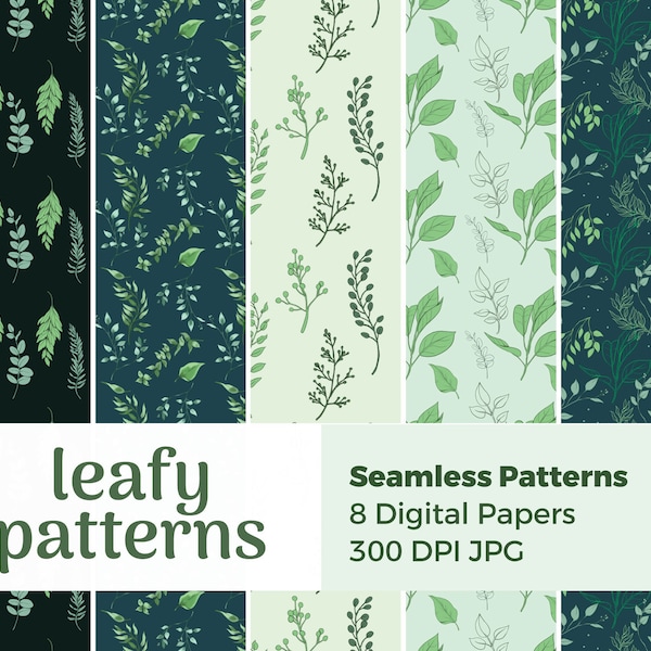 Green Leafy Seamless Patterns | Foliage Digital Paper Pack | Botanical Repeating JPG Files, Digital Scrapbook Paper Set, Nature backgrounds