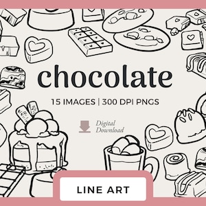 Chocolade lijntekeningen | Handgetekende clipartafbeeldingen | Digitale postzegels en png's voor scrapbooking | Afbeeldingen chocoladekoekjes, cake en truffels