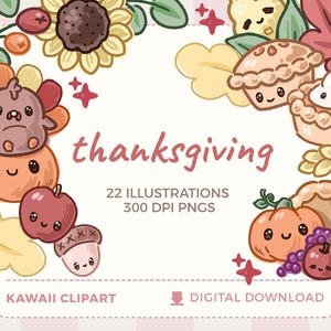 Clipart de Ação de Graças Kawaii | Ilustração PNG de Perus Bonitos e Colheitas | Arquivos de imagens de uso pessoal e comercial para gráficos do Dia do Peru