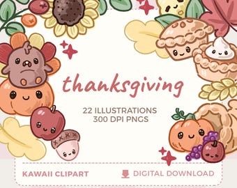 May include: A set of 22 Thanksgiving-themed illustrations featuring cute cartoon characters like turkeys, pumpkins, pies, and acorns. The illustrations are in a kawaii style and are perfect for adding a touch of whimsy to your Thanksgiving projects.
