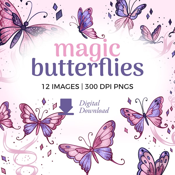 Schmetterling Illustrationen | Magische Schmetterlinge Clip Art Download | Rosa Glitzer PNG, kommerzielle Nutzung, png sofortiger Download