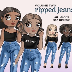 Denim Jeans Fashion Doll Clipart Illustrations | Chibi Planner Girl Clipart Download |  selfie image, girl character png file for stickers