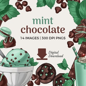 Puede incluir: Una descarga digital de 14 imágenes con temática de chocolate con menta. Las imágenes incluyen un helado de menta con chispas de chocolate, galletas con chispas de chocolate, barras de chocolate y hojas de menta. Las imágenes son PNG de 300 DPI.