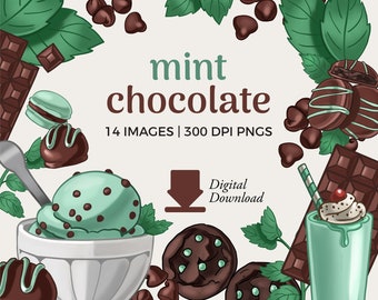 Mint Chocolate Dessert Clipart: Cake, Ice Cream, Brownie (PNG Digital Download)
