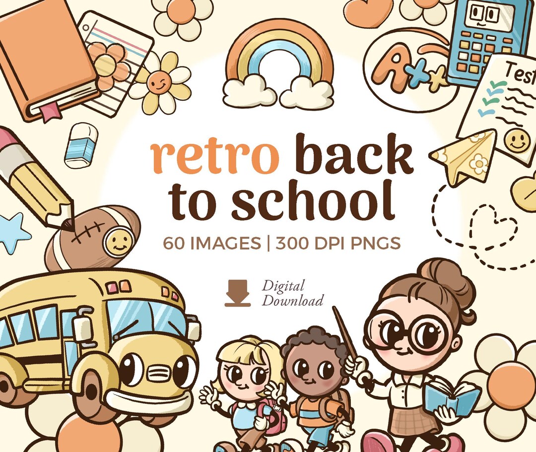 Retro Back to School Clipart: 60 PNG Illustrations (digital Download ...