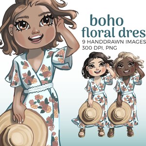 Cute Girl Fashion Doll Clipart | Boho Dress Planner Doll Clipart | Menina da moda, menina planejadora, adesivo de planejador de verão
