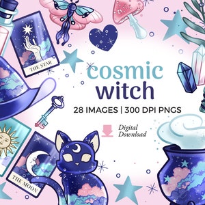 Kosmische Hexe Bilder ClipArt | Witchy PNG Download | Weltraum Hexe Illustrationen | Hexenhut, schwarze Katze png, Tarotkarten, Sterne und Kristalle