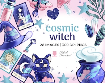 Cosmic Witch Clipart: Celestial Witch Hat, Tarot Cards, Starry Cat (PNG Download)