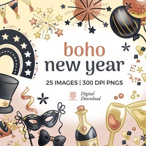 Clipart bohème nouvel an | Fête PNG Illustrations | Feux d'artifice, ballons, haut de forme et formes abstraites pour fichiers à usage personnel et commercial