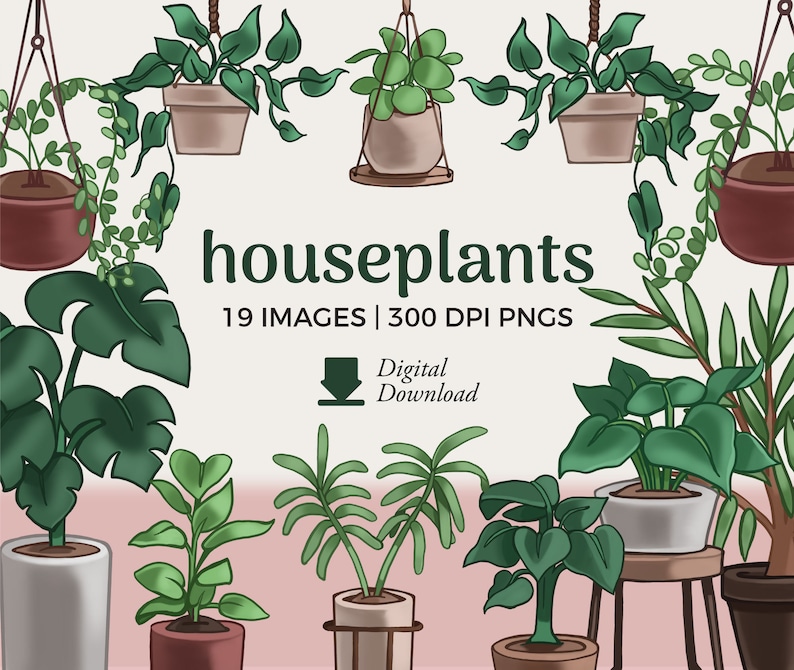May include: A digital download of 19 images of houseplants in pots, with a pink background and the text "houseplants 19 IMAGES | 300 DPI PNGS Digital Download".