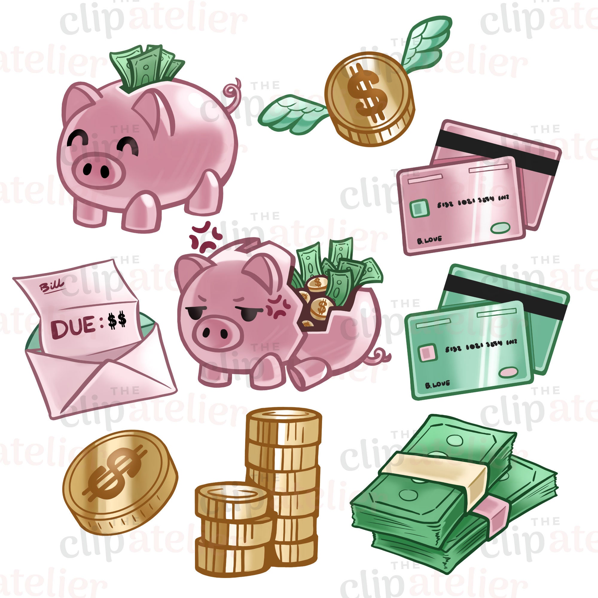Money Clipart Illustrations: Saving and Spending, Piggy Bank, Purse, Credit  Card Images (PNG Download) - Etsy Israel, image size:2000x2000
