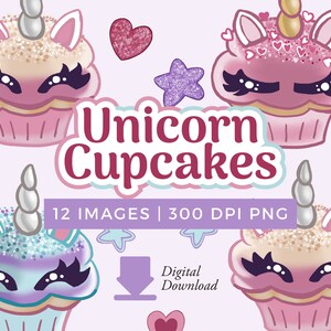 Unicorn Cupcake Clipart: Glittery Kawaii Dessert Illustrations (Digital Download)