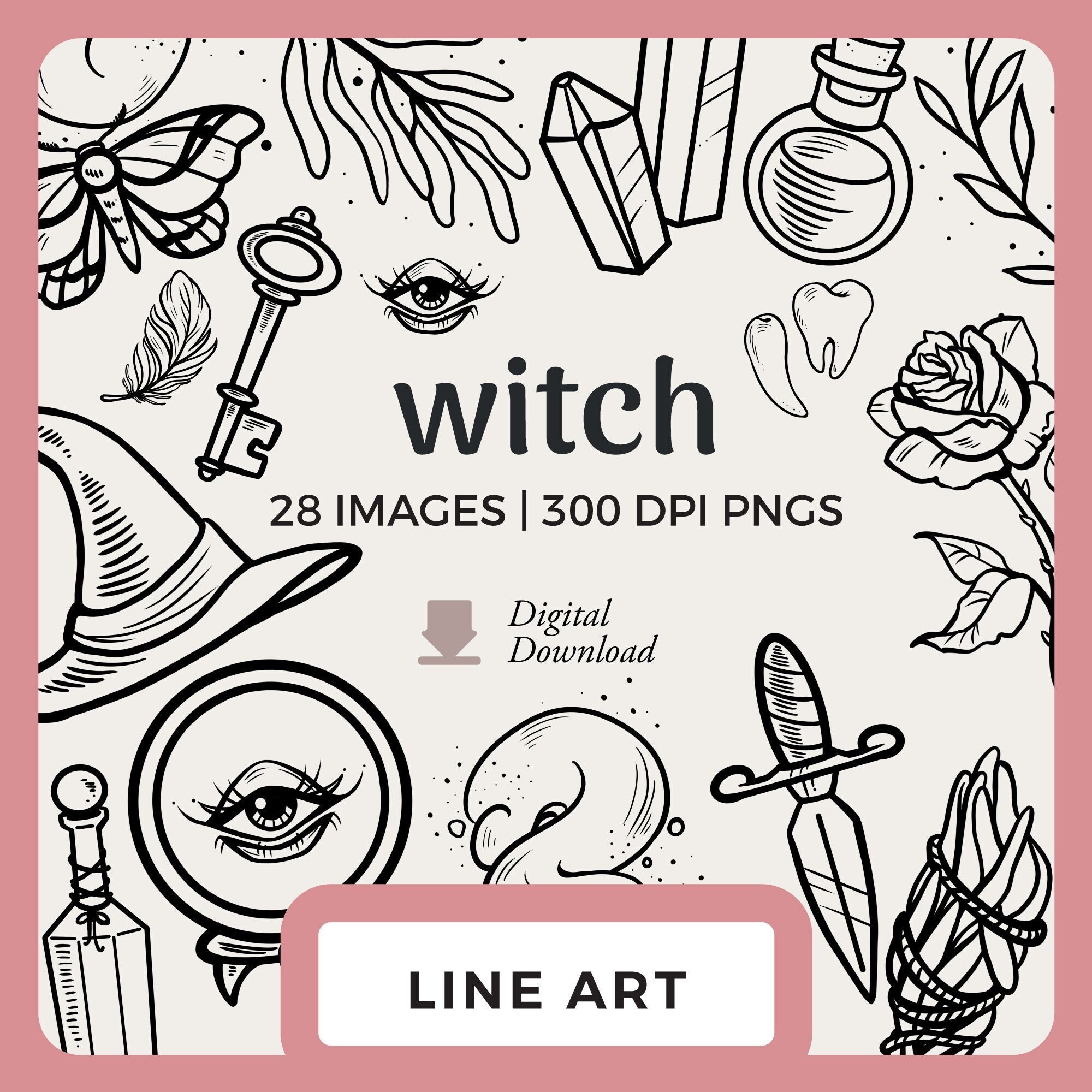 Witch Line Art | Hand-Drawn Clipart Download | Witchcraft illustrations | Witch hat line drawing, black cat png, crystal ball and tarot card