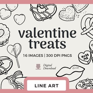 Arte em linha de guloseimas do Dia dos Namorados | Clipart de doces em forma de coração desenhado à mão | Selos digitais e PNGs de scrapbook | chocolate, cupcake, corações de conversação
