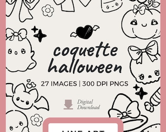 コケットなハロウィンラインアートクリップアート｜かわいいゴーストグラフィック（デジタルダウンロード）