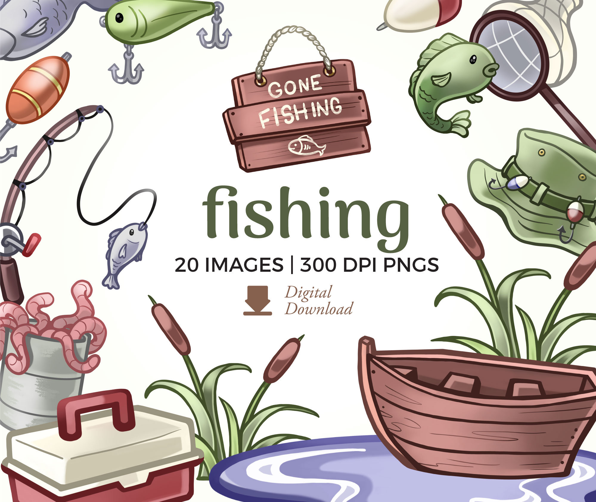Fishing Clipart Illustrations Gone Fishing Clip Art Download Bait and  Tackle Box Graphics, Fishing Rods Image Files, Commercial Use Pngs 