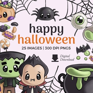 Lindas ilustraciones prediseñadas de Halloween / Descarga PNG de Halloween kawaii / Clipart de Jack O Lantern, Clipart de Halloween / Clipart de vampiro