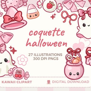 以下が含まれることがあります： ピンクと白の、カワイイ風ハロウィーンイラストのデジタルダウンロード。デザインには、お化け、お菓子、リボン、そして「coquette halloween」の文字が含まれています。画像には「27 illustrations 300 DPI PNGs」と「KAWAII CLIPART」の文字も含まれています。