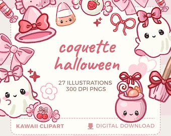 かわいいコケットハロウィーンクリップアート：ピンクのリボン、ゴースト、カボチャ（PNG、商用利用可能）