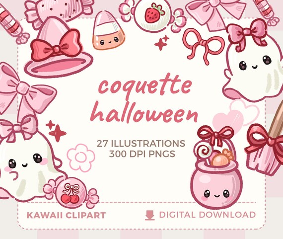 Kawaii Coquette Halloween Clipart: Pink Bows, Ghosts & Pumpkins (PNG, Commercial Use)