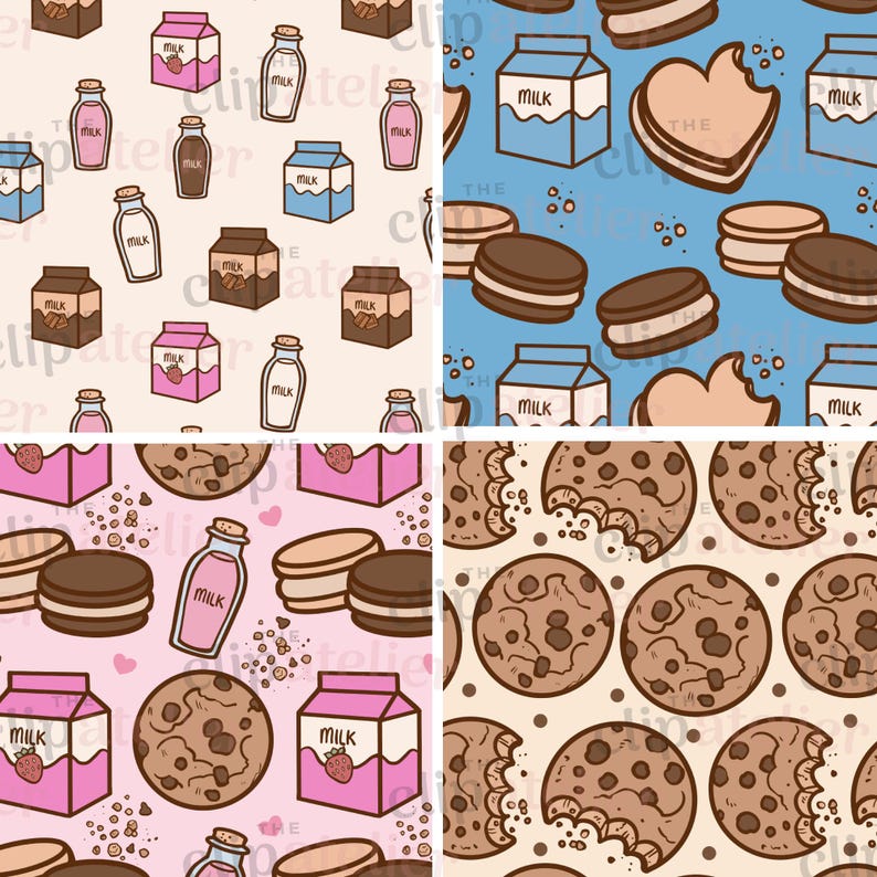 Cookies and Milk Seamless Patterns | Cookie Jar Digital Paper Pack | Chocolate chip cookies and milk scrapbook pages, fun Jpg image files