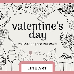 Arte de linha do Dia dos Namorados | Imagens de clipart românticas desenhadas à mão | Selos digitais e PNGs para scrapbooking | Gráficos de flores, chocolate e coração