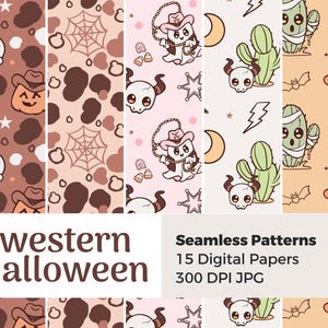 May include: A set of 15 digital papers featuring a western Halloween theme. The papers feature cute cartoon characters like ghosts, skulls, and cacti in a variety of colours. The text "Western Halloween Seamless Patterns 15 Digital Papers 300 DPI JPG" is displayed at the bottom of the image.