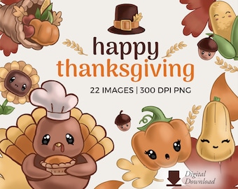 May include: A set of 22 Thanksgiving-themed digital illustrations in PNG format. The illustrations feature cute cartoon characters like a turkey, pumpkin, acorn, and corn. The illustrations are perfect for creating Thanksgiving-themed crafts, cards, and other projects.