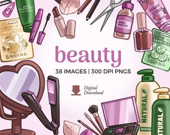 Puede incluir: Una colección de productos de belleza, que incluyen pinceles de maquillaje, una botella de acondicionador para el cabello, una botella de esmalte de uñas, una botella de suero para la piel, una mascarilla de hoja, un exfoliante de azúcar, una mascarilla de hoja de pepino, una plancha para el cabello, una paleta de maquillaje y un espejo en forma de corazón. El texto "beauty" está escrito en letras rosas y el texto "38 IMAGES | 300 DPI PNGS" está escrito en letras negras. El texto "Digital Download" está escrito en letras negras con un icono de descarga.