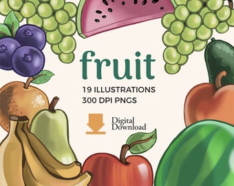 Fruit Clipart | Apple, Banana, Grape & Various Fruit illustrations (Instant Download)