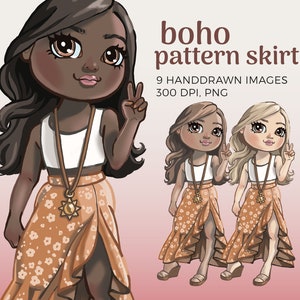 Clipart de muñeca de moda con falda boho / Clipart de muñeca con planificador boho / Chica de moda, chica planificadora, pegatina para planificador de verano