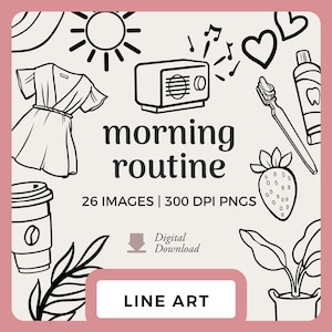 Arte lineal de rutina matutina / Imágenes prediseñadas de planificador matutino dibujadas a mano / Sellos digitales y PNG para scrapbooking / Garabatos de rutina diaria