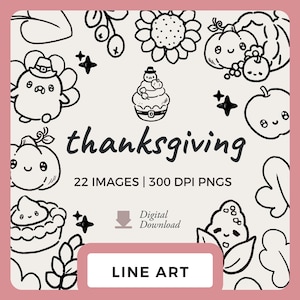 Kawaii Thanksgiving Line Art / Immagini clipart disegnate a mano per il giorno del Ringraziamento / Timbri digitali e PNG per scrapbooking / Grafica di torta di zucca, cornucopia
