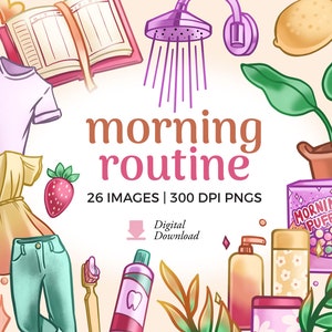Ilustraciones prediseñadas de rutina matutina / Planificador de buenos días PNG Descargar / Imágenes prediseñadas de hábitos diarios, Gráficos de preparación PNG, garabatos digitales