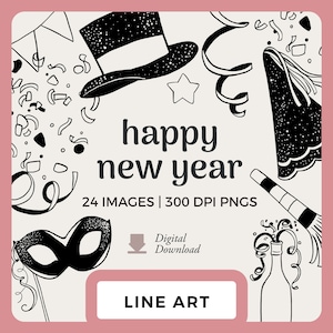 Arte de linha de ano novo | Imagens de clipart de véspera de ano novo desenhadas à mão | Selos digitais e PNGs de scrapbooking | Arquivos de imagem png de champanhe e baile de máscaras