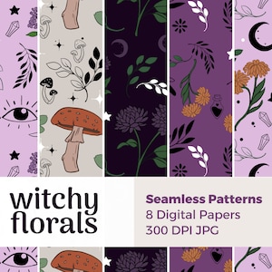 Witchy Floral Seamless Patterns: Digital Paper Pack (JPG)