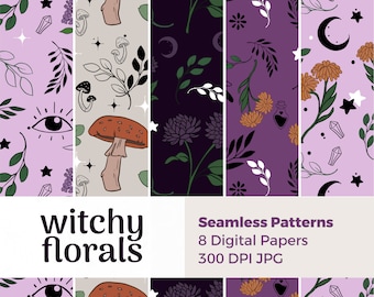Witchy Floral Seamless Patterns: Digital Paper Pack, Botanical Witch patterns with mushrooms and celestial elements (JPG Files)