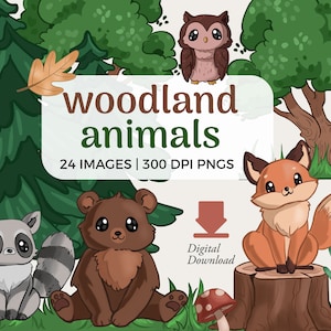 Ilustraciones de animales del bosque / Imágenes prediseñadas de animales del bosque / Descarga instantánea de imágenes PNG / Imágenes lindas de zorros, árboles del bosque, imágenes de ciervos, osos y búhos