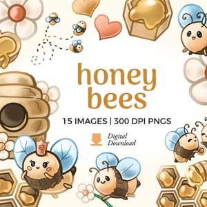 Honey Bees Clipart | Cute Queen Bee, Honeycombs & Beehive Illustrations (Digital Download)