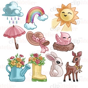 May include: A set of spring-themed digital illustrations featuring a rainbow, a sun, a cloud with raindrops, a pink umbrella, a brown bird's nest with a pink bird, a brown deer, a white rabbit, a yellow welly boot with flowers, and a blue watering can with flowers.