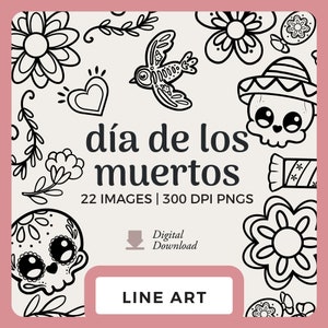 Lijntekeningen Dia de los Muertos | Handgetekende clipartafbeeldingen | Suikerschedeltekeningen, bloemen en harten | Digitale postzegels en png's voor plakboeken