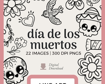 Dia de Los Muertos Line Art | Hand-Drawn Clipart Images | Sugar skull drawings, flowers and hearts | Digital Stamps and Scrapbook PNGs