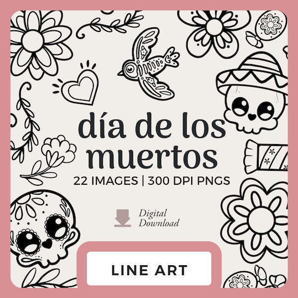 Dia de Los Muertos Line Art | Hand-Drawn Clipart Images | Sugar skull drawings, flowers and hearts | Digital Stamps and Scrapbook PNGs