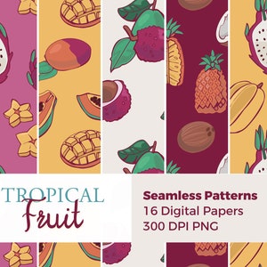 Patrones sin costuras de frutas tropicales / Papel digital llamativo / Fondo tropical, imprimible, uso comercial, patrones repetidos, vibraciones tropicales