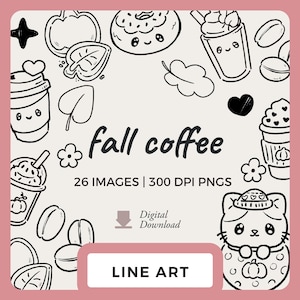 Kawaii Herbst Kaffee Line Art | Handgezeichnete Herbst Clipart Bilder | Digitale Briefmarken und Scrapbooking PNGs | Niedliche Kätzchen in Tassen und Kaffeetassen