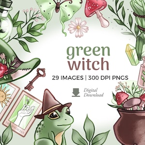 Imagens de clipart de bruxa verde | Download de PNG de bruxa | Ilustrações de bruxa da floresta | Chapéu de bruxa, png de gato preto, cartas de tarô, vegetação e flores