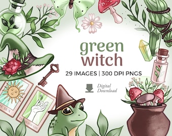 Green Witch Clipart Set: Forest Witch PNG Graphics (Digital Download)