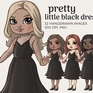 Pequeno vestido preto moda boneca clipart | Download instantâneo de boneca fofa | Clipart de boneca planejadora, imagens de moda menina, linda garota pngs
