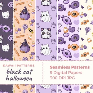 Kawaii schwarze Katze Muster | Gruseliges süßes digitales Papier | Kätzchen in Halloweenkostümen, Kürbisse und Geister wiederholen sich in jpg Dateien
